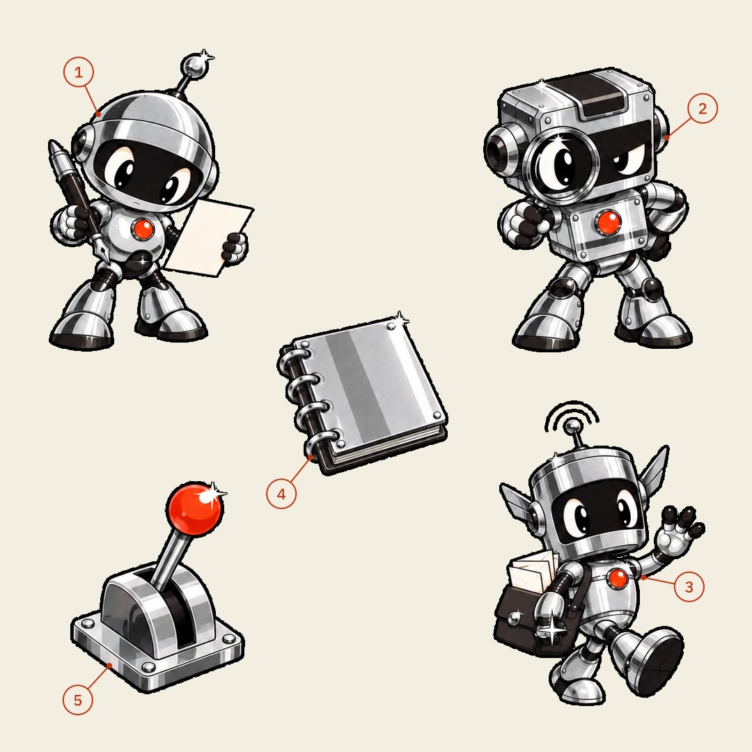 Three chrome robots: the writer with a pen and paper, the reviewer with a magnifying glass and the operator with a satchel, beside a shared notebook and a lever with a vermilion knob, numbered one to five.