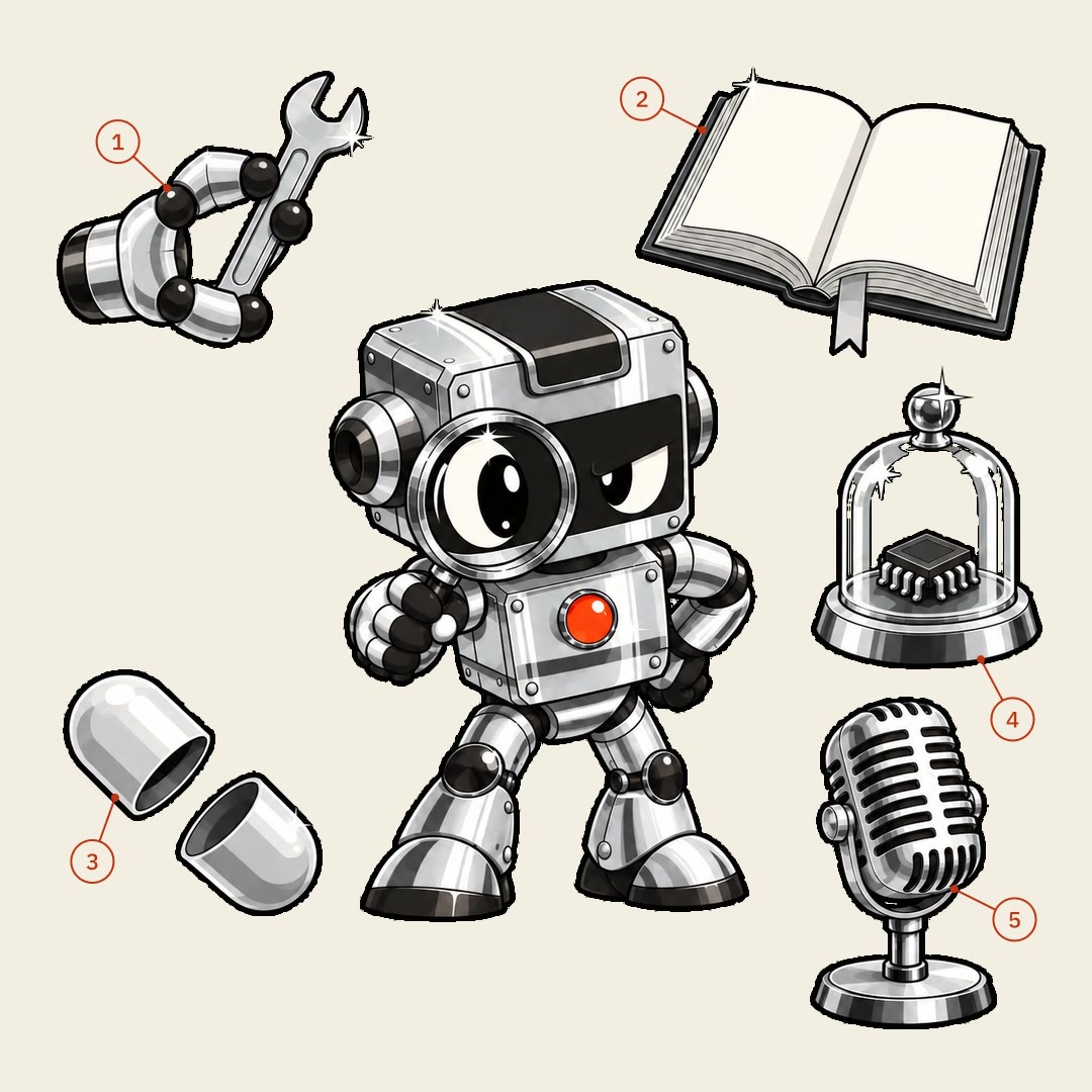The reviewer robot in chrome, surrounded by the five tests: a gripper holding a wrench, an open book, a split capsule, a chip under a bell jar and a microphone, numbered one to five.