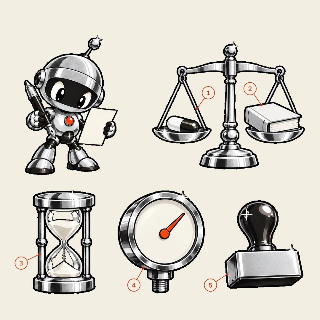 The writer robot beside a chrome pharmacy balance weighing a capsule against a book, with an hourglass, a pressure gauge and a rubber stamp, numbered one to five.