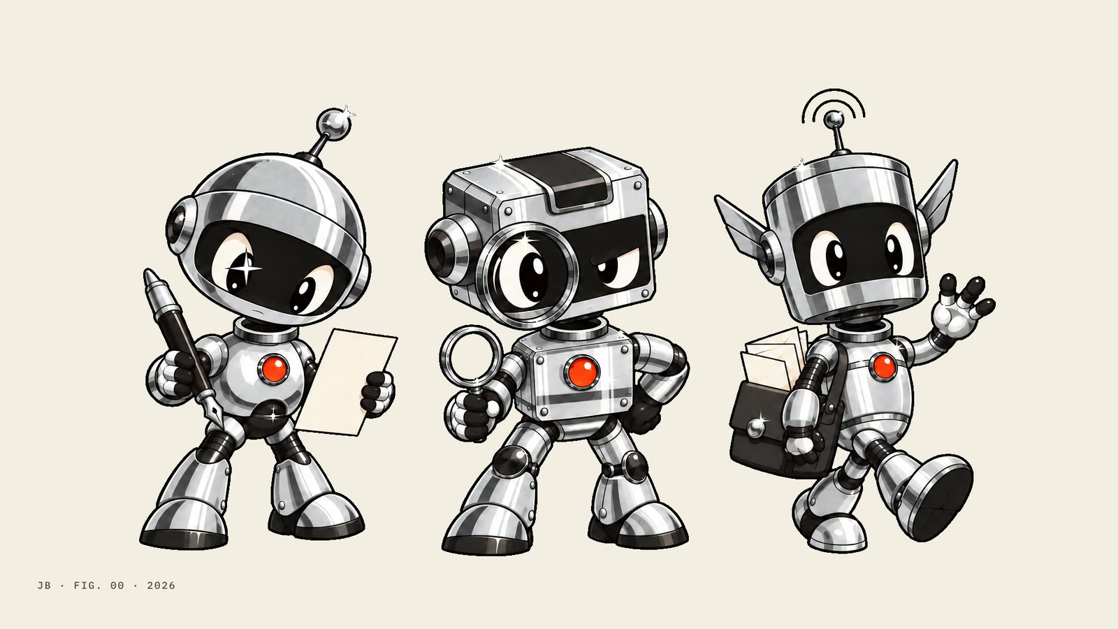 Animated drawing on cream paper: three chrome robots in the style of 1980s Japanese anime. A writer with a pen and paper, a reviewer with a magnifying glass and an operator with a satchel. One by one their heads drop onto their bodies and a vermilion light switches on in each chest.